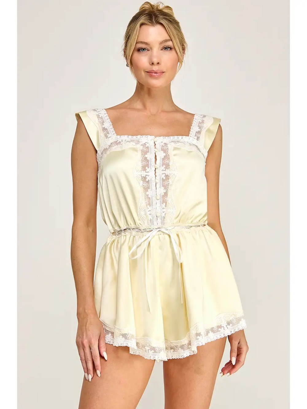 Satin Square Neckline Lace Trim Romper